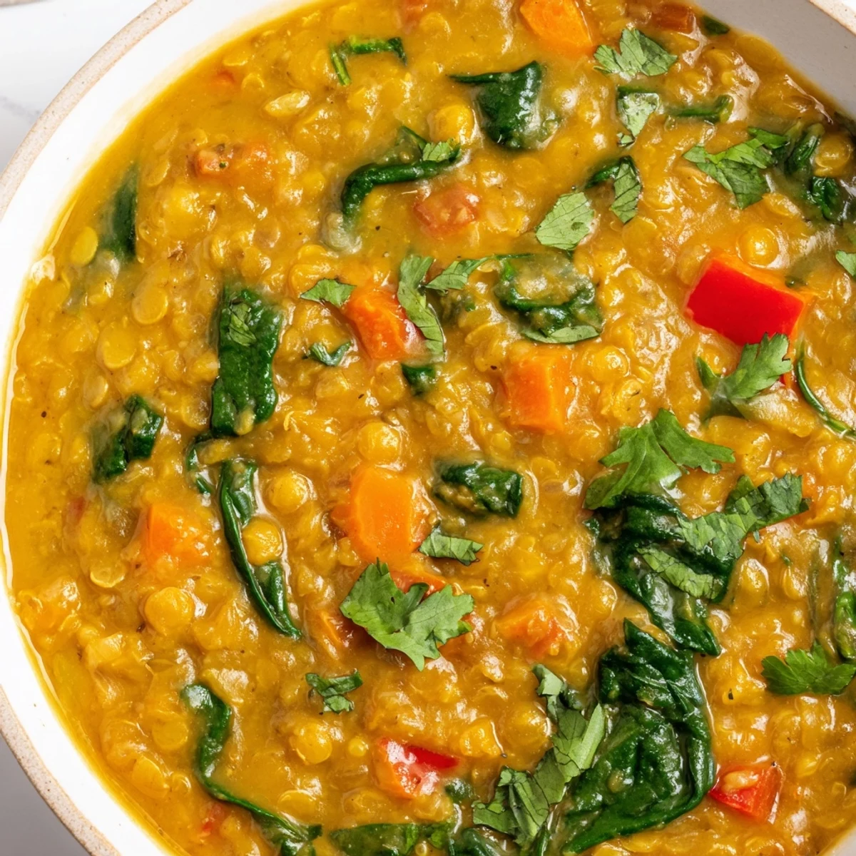 Fresh spinach wilts into creamy Coconut Curry Lentil Soup, garnished with cilantro and lime.