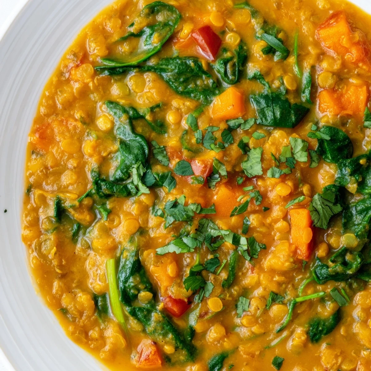 Steam rises from a bowl of Coconut Curry Lentil Soup topped with cilantro and lime.