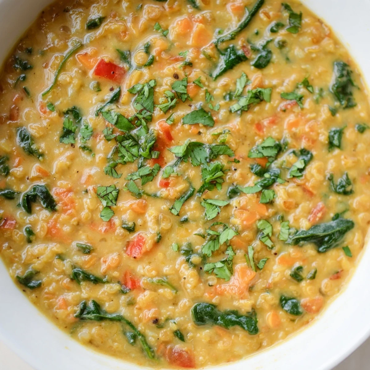 Warm Coconut Curry Lentil Soup served in a rustic bowl with a spoon nearby.