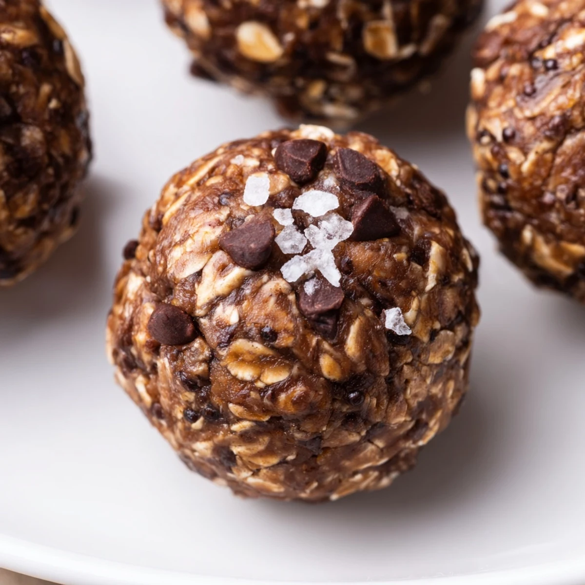 Freshly rolled chocolate peanut butter energy balls are shown on a tray, ready to be chilled.