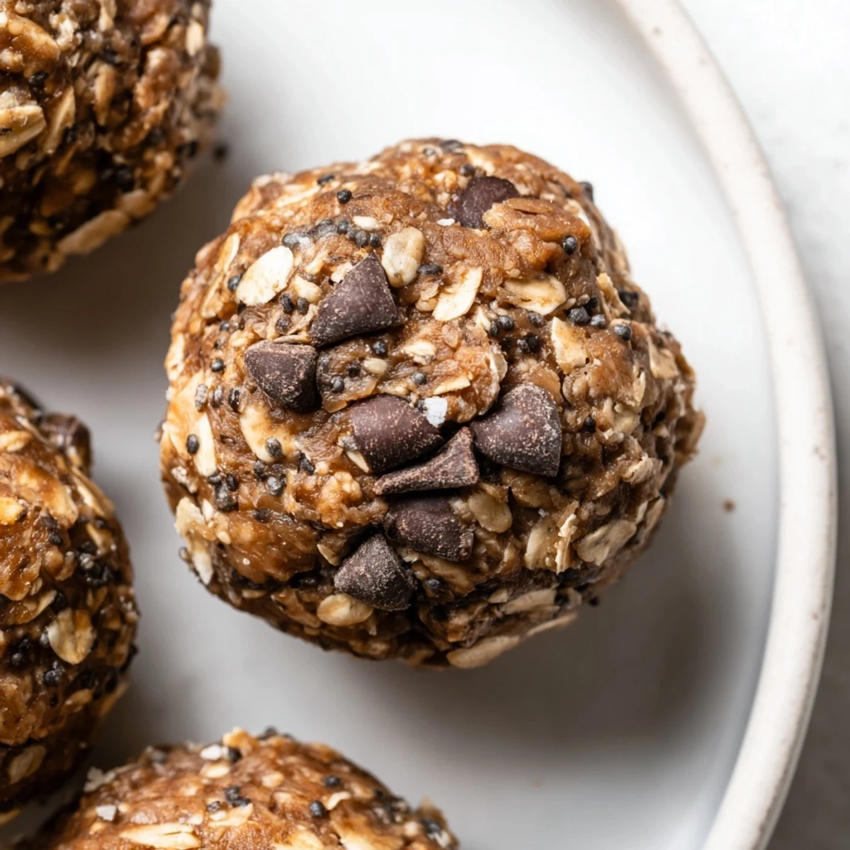 Dark chocolate energy balls with oats, peanut butter, and chia seeds are arranged on a white plate with coffee.