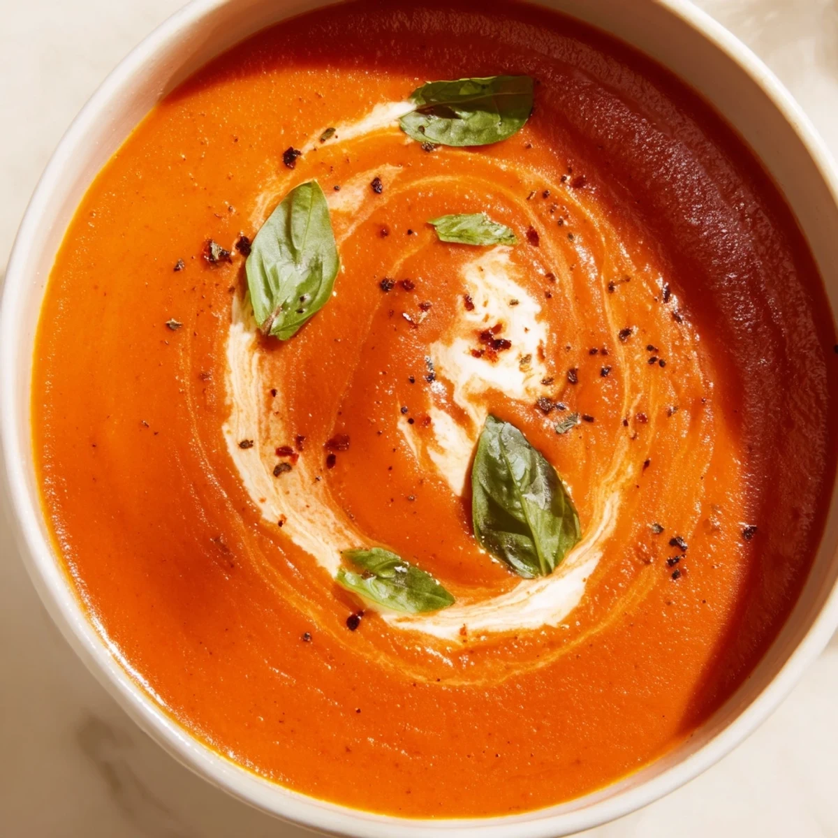 Bright red roasted tomatoes and golden garlic for Roasted Garlic and Tomato Basil Soup.