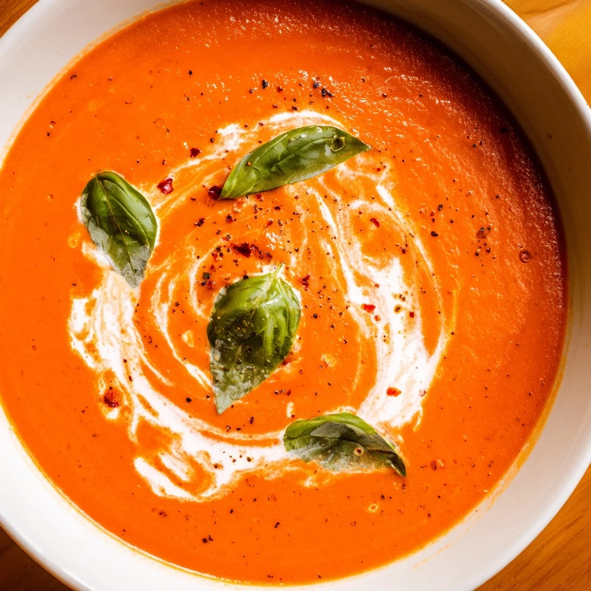 Creamy Roasted Garlic and Tomato Basil Soup served in a rustic bowl with basil garnish.