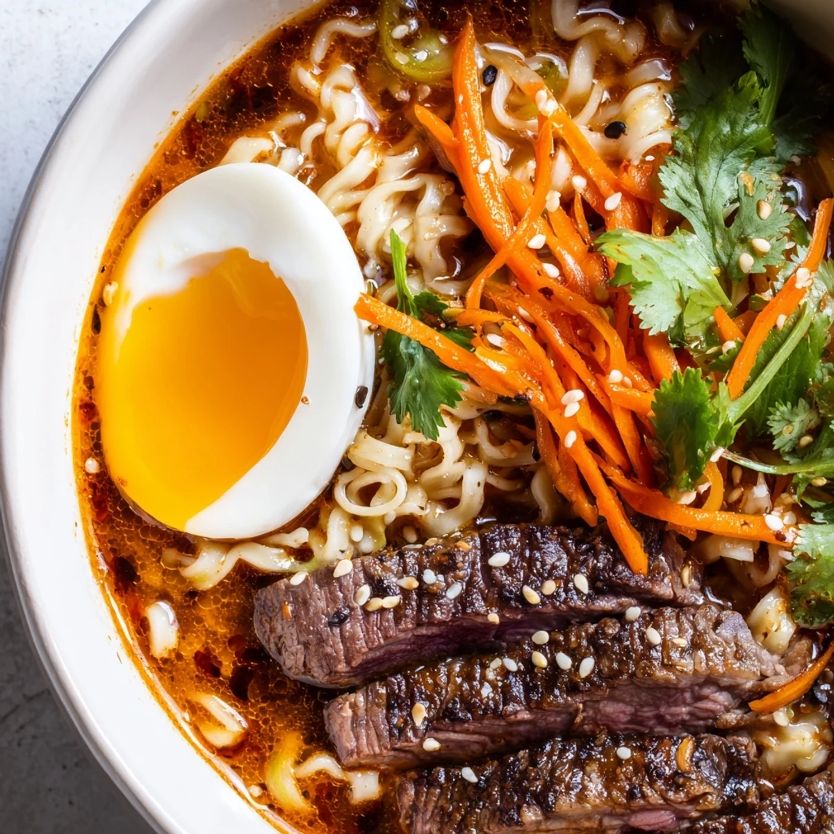 Spicy Beef Ramen with Soft Boiled Egg in a steaming bowl, garnished with fresh herbs and sesame seeds.