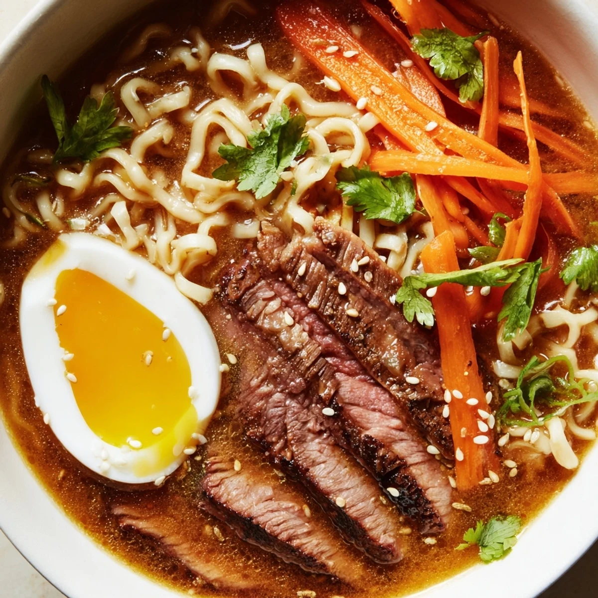 Close-up of Spicy Beef Ramen with Soft Boiled Egg featuring tender beef slices and colorful julienned carrots.