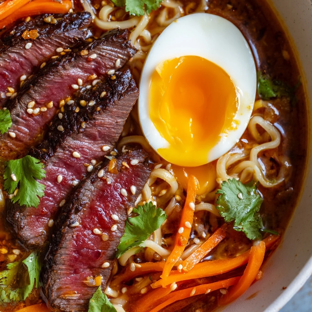 A hearty serving of Spicy Beef Ramen with Soft Boiled Egg, ready to enjoy with chopsticks and chili garnish.