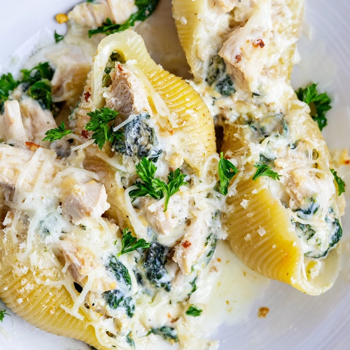 Golden, bubbly mozzarella tops baked Chicken Alfredo Stuffed Shells with spinach and creamy filling in a white dish.