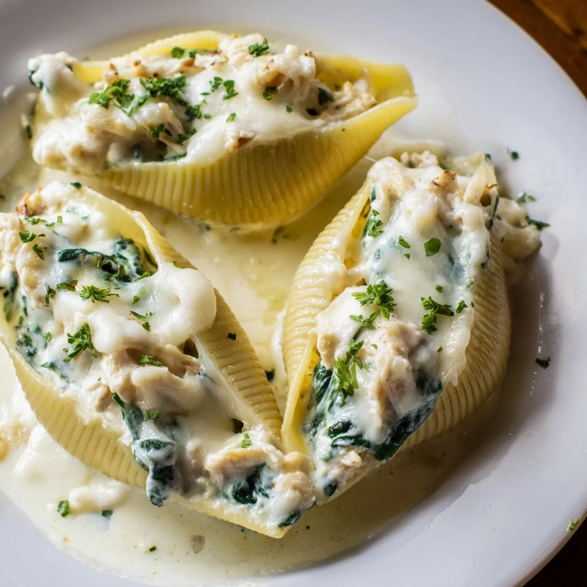 Cheese-covered Chicken Alfredo Stuffed Shells with spinach ready to serve, garnished with parsley alongside garlic bread.