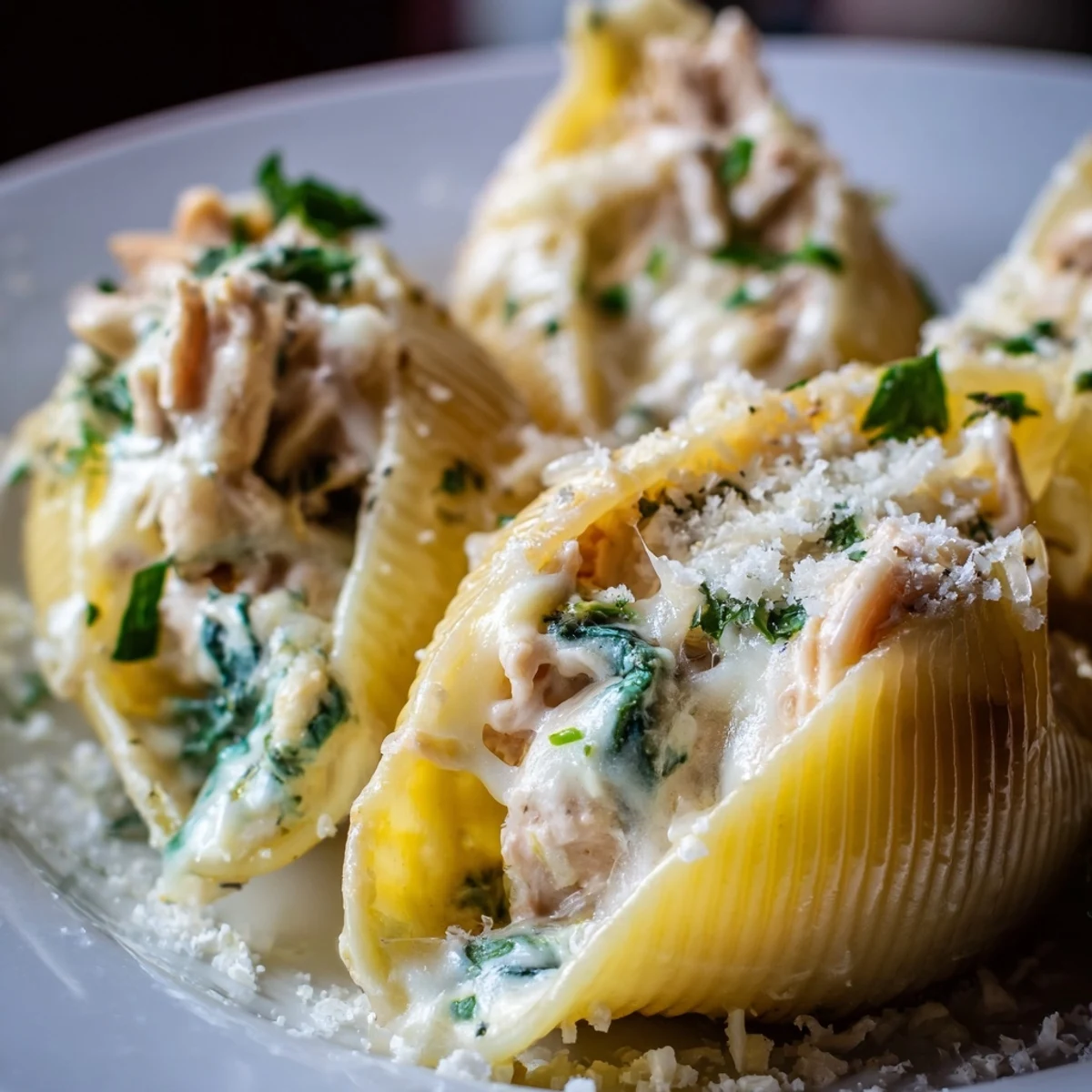 Stuffed pasta shells with Chicken Alfredo filling and spinach baked in a rich white sauce, close-up view.