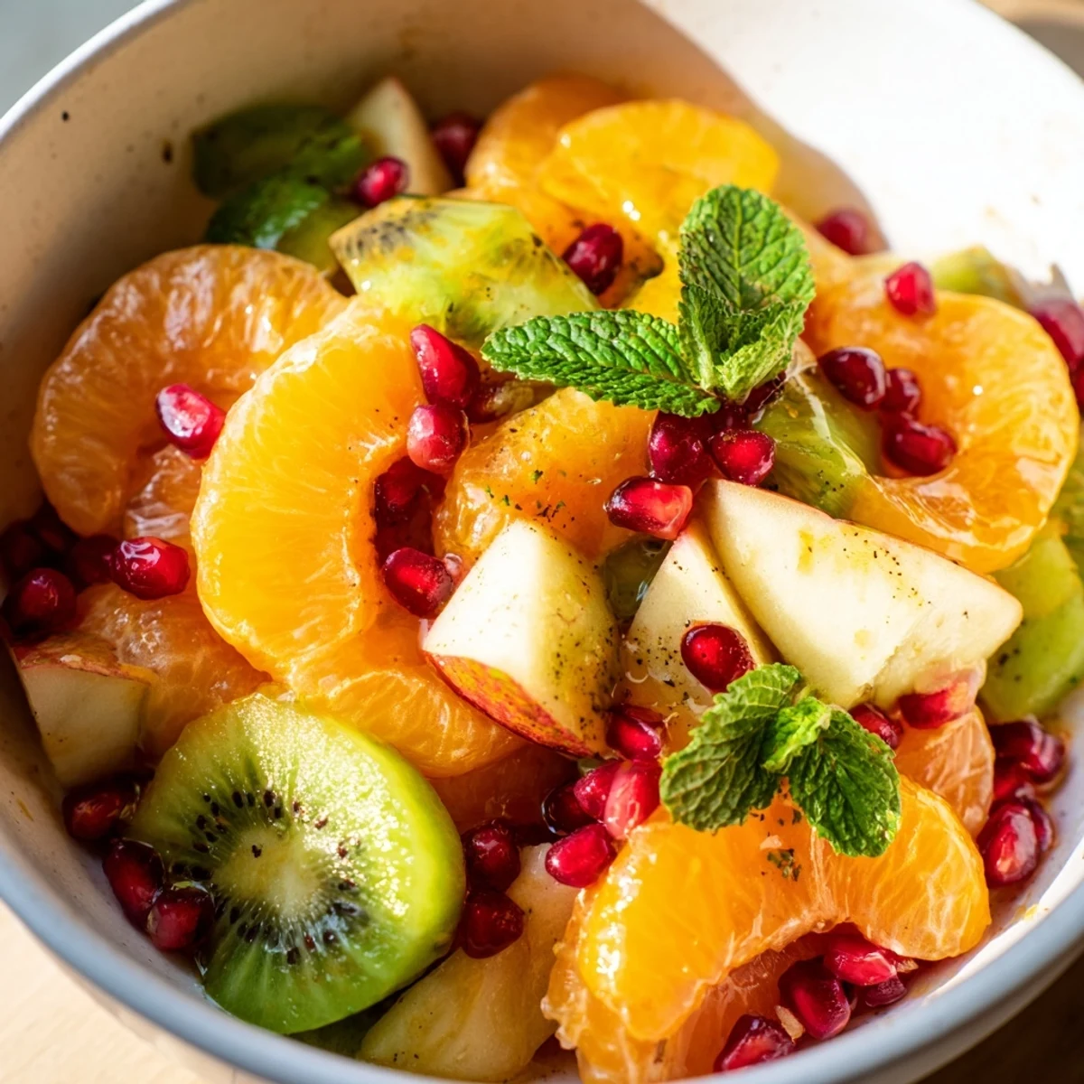 A close-up of Winter Fruit Salad with Honey Lime Dressing in a white bowl, glistening citrus and bright pomegranate seeds.
