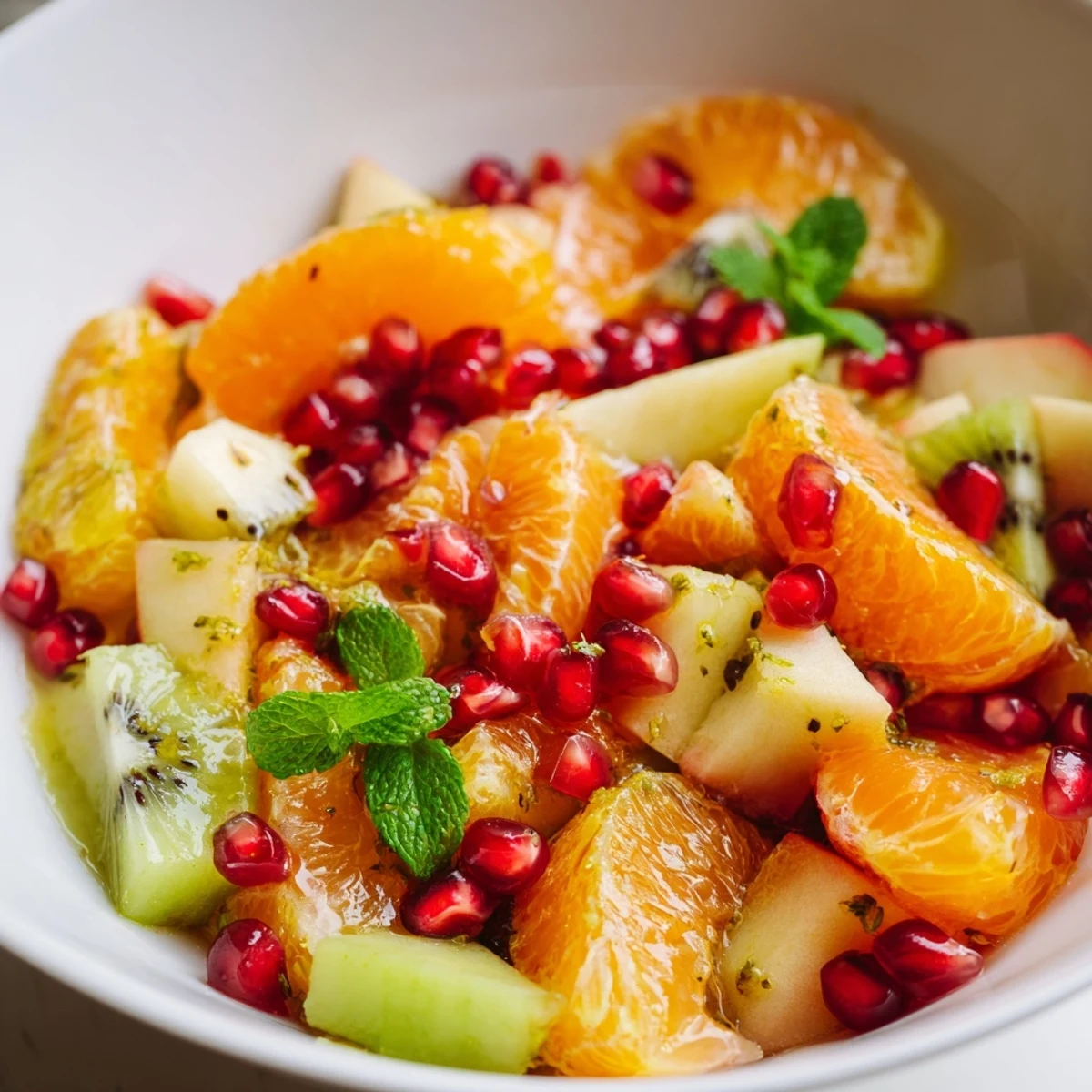 Freshly tossed Winter Fruit Salad with Honey Lime Dressing on a marble table, topped with mint and ready to serve.