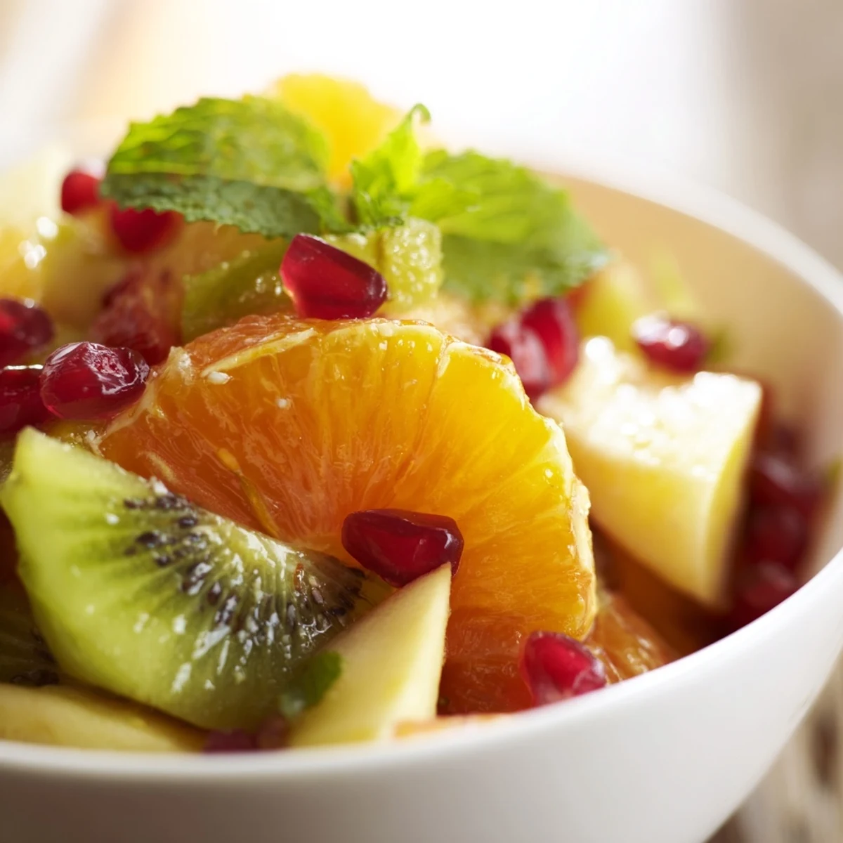 Overhead view of Winter Fruit Salad with Honey Lime Dressing, featuring chopped apples, pears, kiwi, and grapes in a salad bowl.