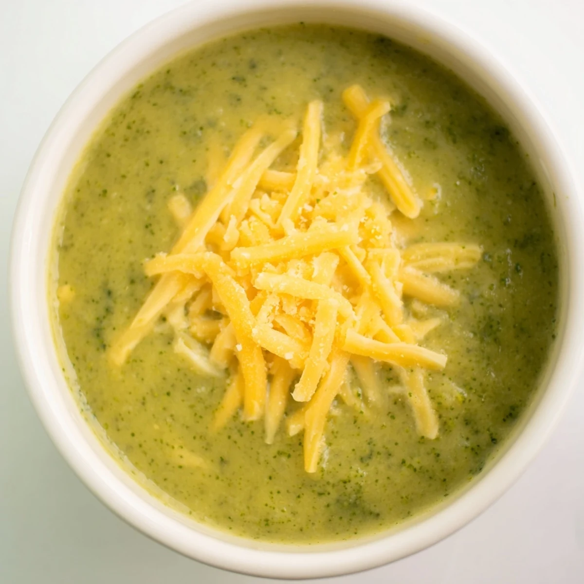 A close-up of Creamy Broccoli Soup with Cheese, featuring velvety green puree, melted cheese, and fresh broccoli florets.
