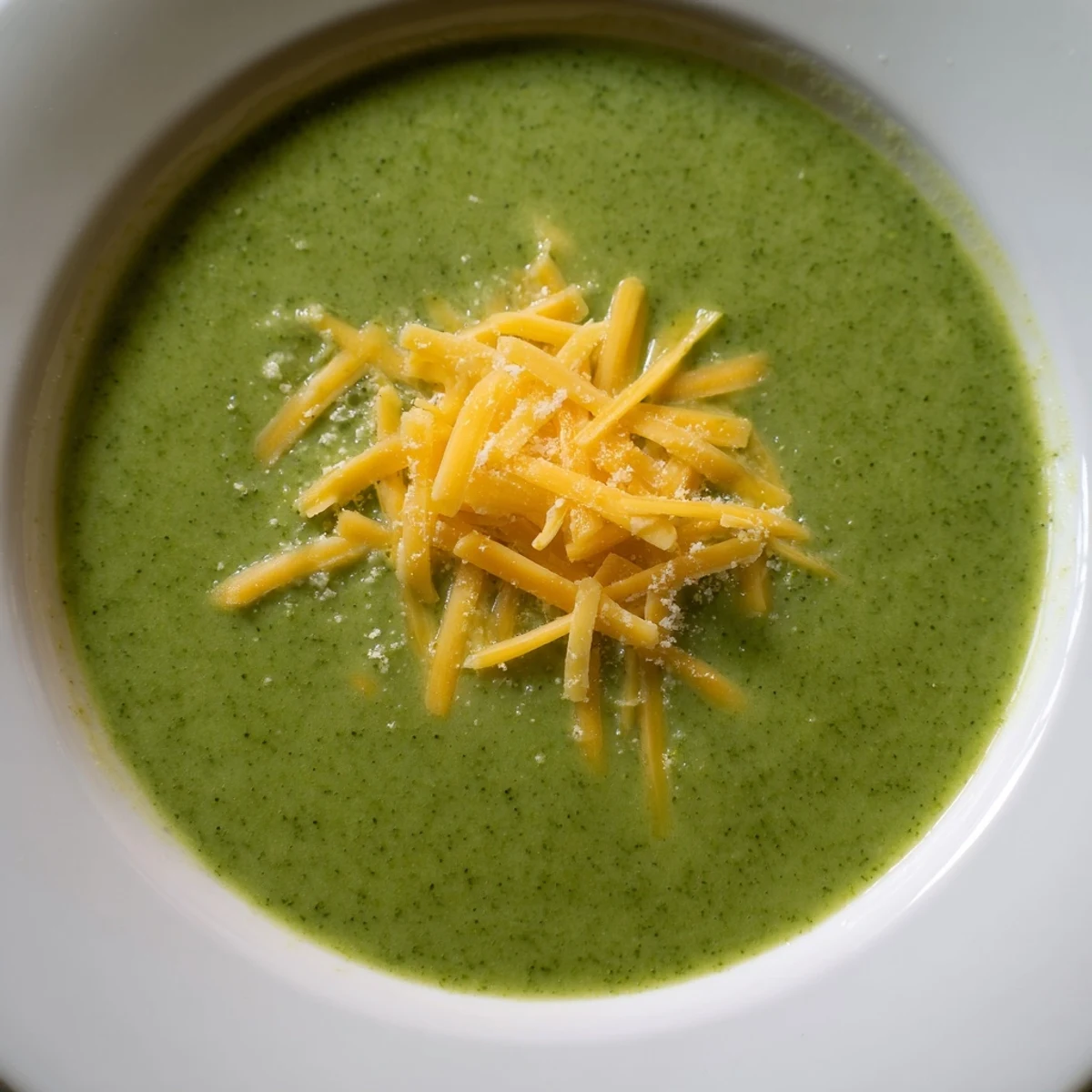 Creamy Broccoli Soup with Cheese, garnished with extra cheddar and croutons, served steaming hot in a rustic bowl.