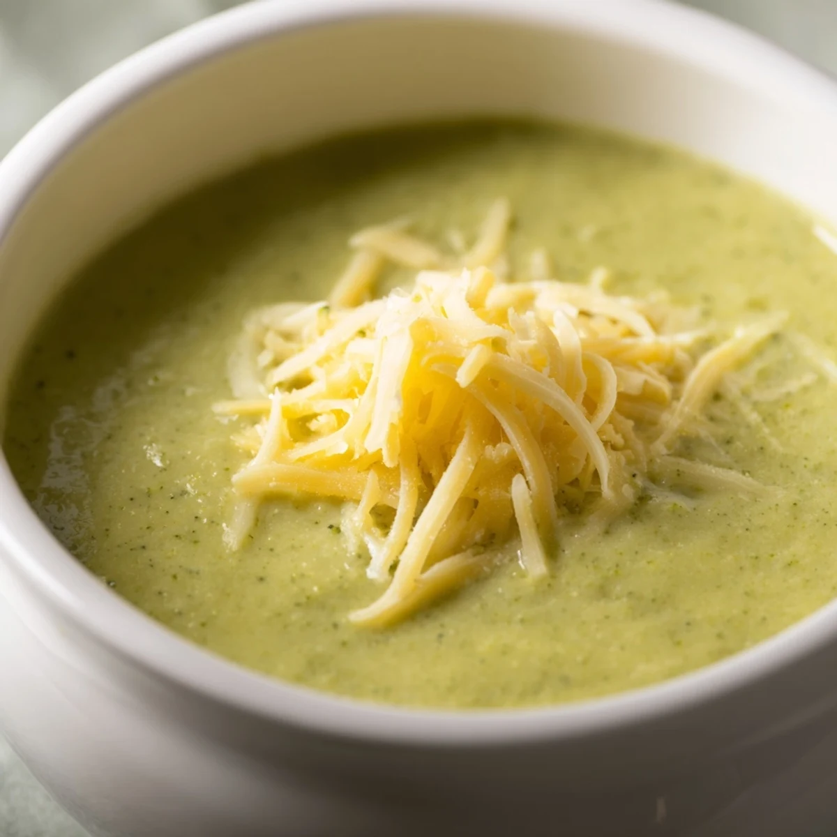 Homemade Creamy Broccoli Soup with Cheese, ladled into a bowl, perfect for a cozy, comforting vegetarian dinner.