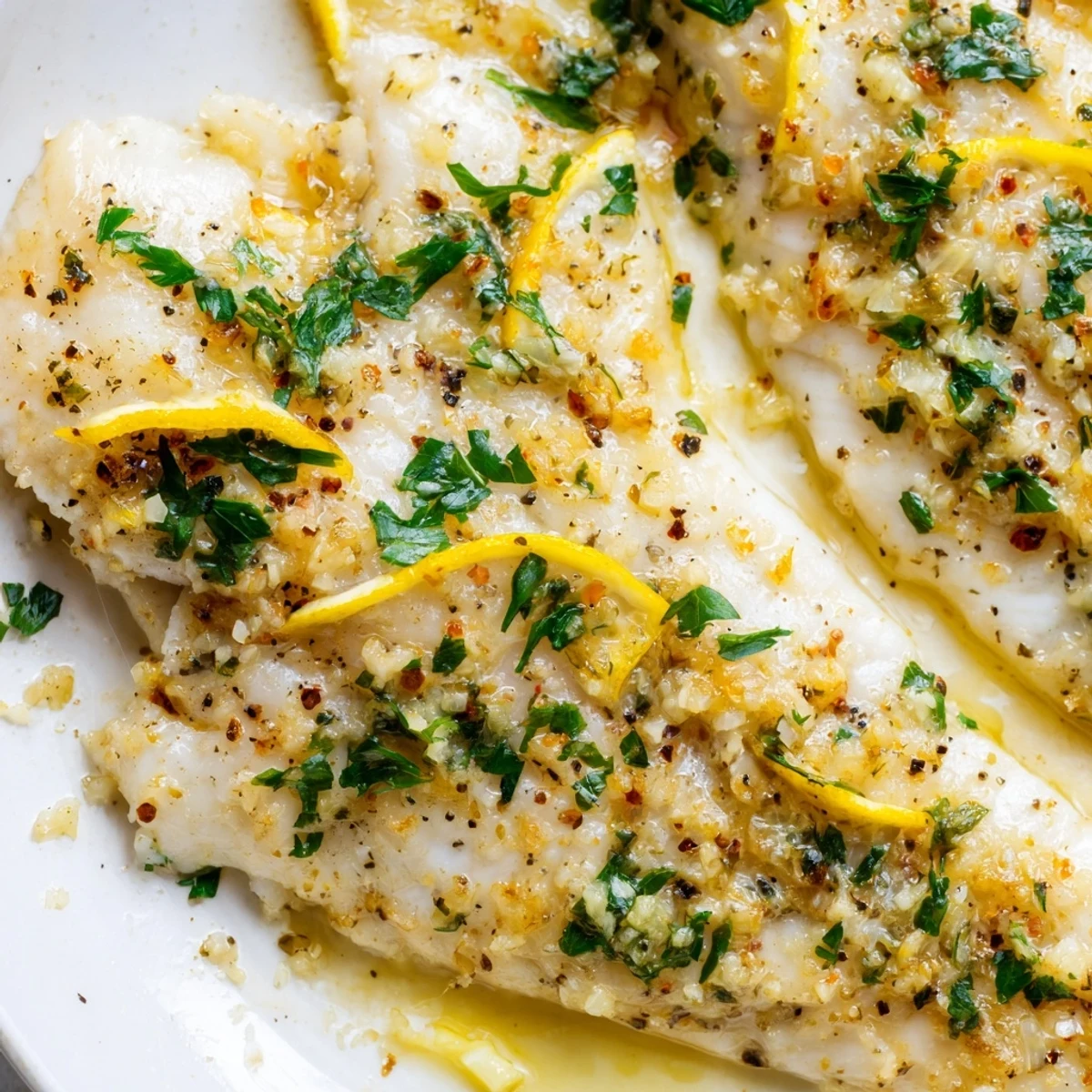 Golden-brown Baked Tilapia with Garlic Butter sizzling in a baking dish, garnished with fresh parsley and lemon wedges.