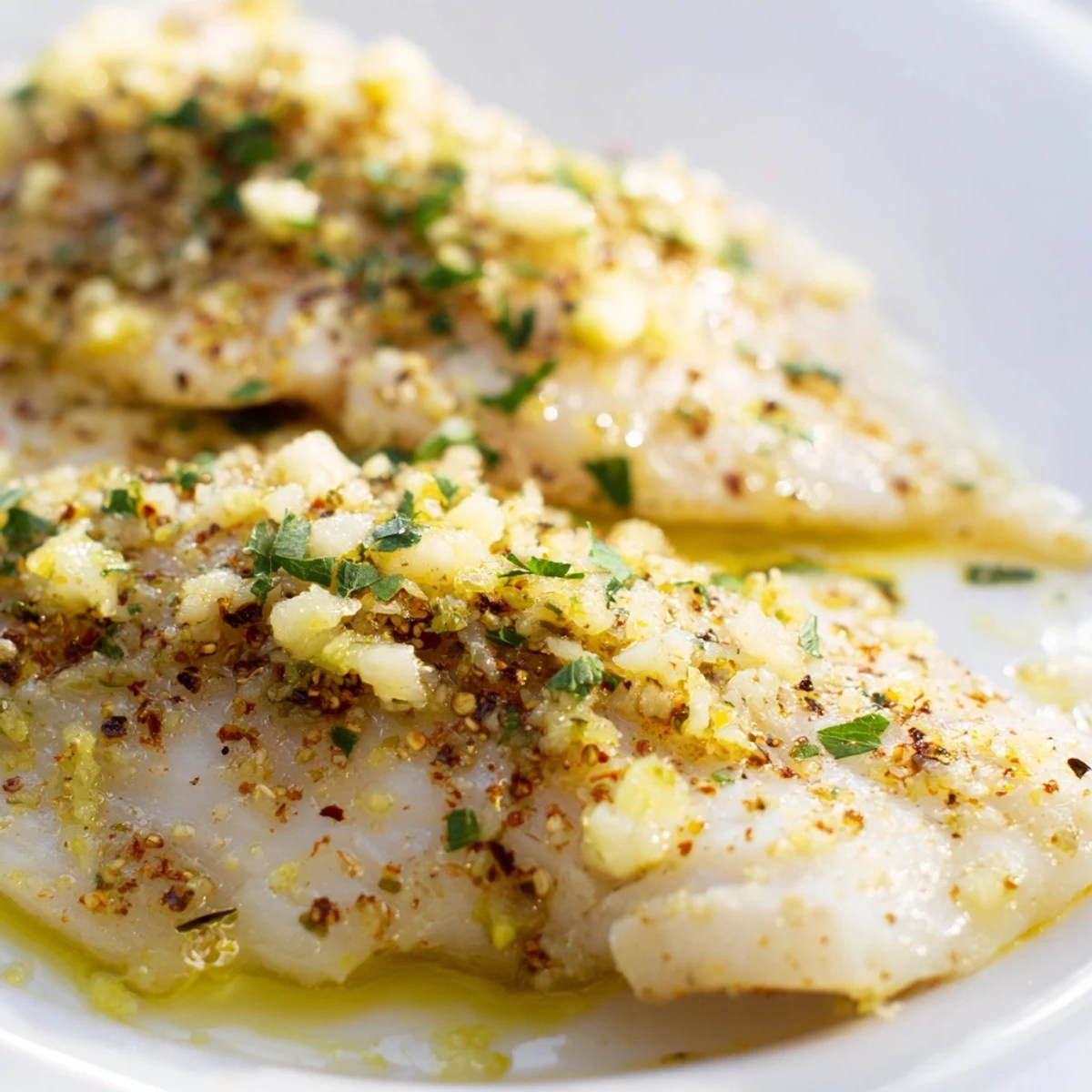 Tender fillets of Baked Tilapia with Garlic Butter flake easily with a fork, surrounded by a rich, buttery sauce.