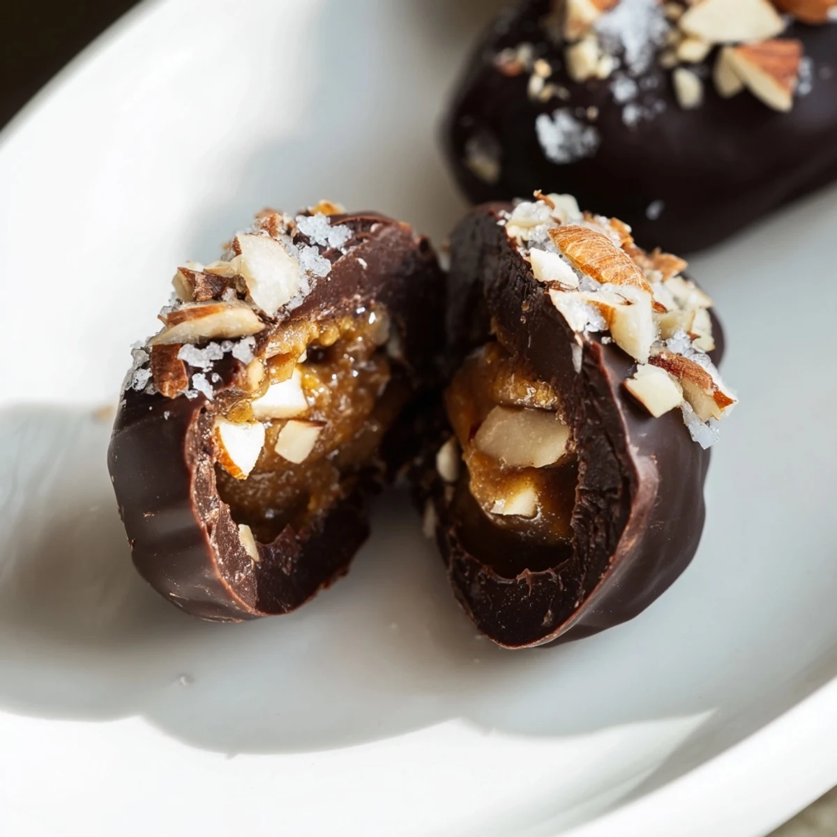 Chilled, glossy chocolate covered dates stuffed with almond butter arranged neatly on a parchment-lined baking sheet, ready to serve.
