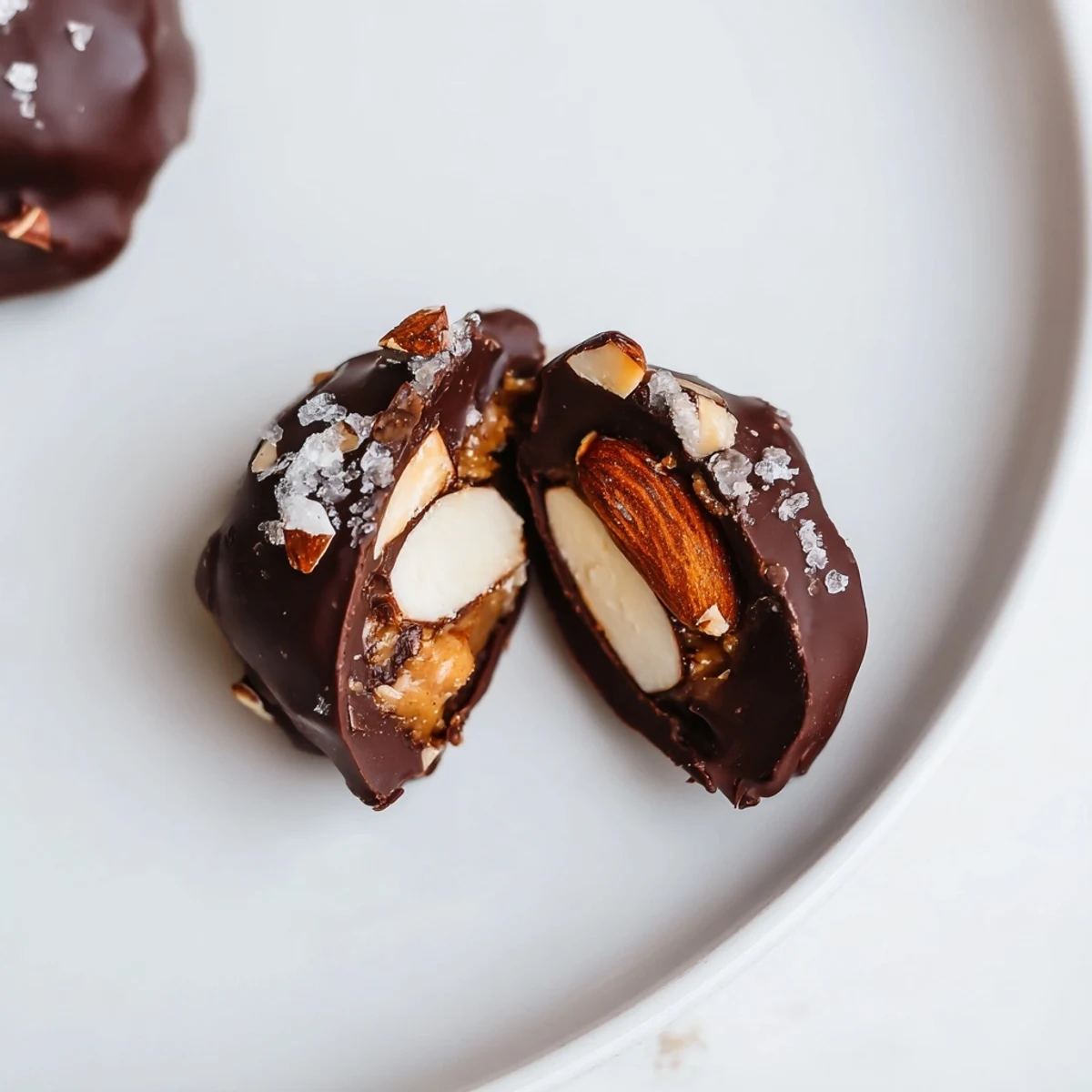 Homemade vegan chocolate covered dates stuffed with almond butter, glistening with dark chocolate and a flaky salt finish.