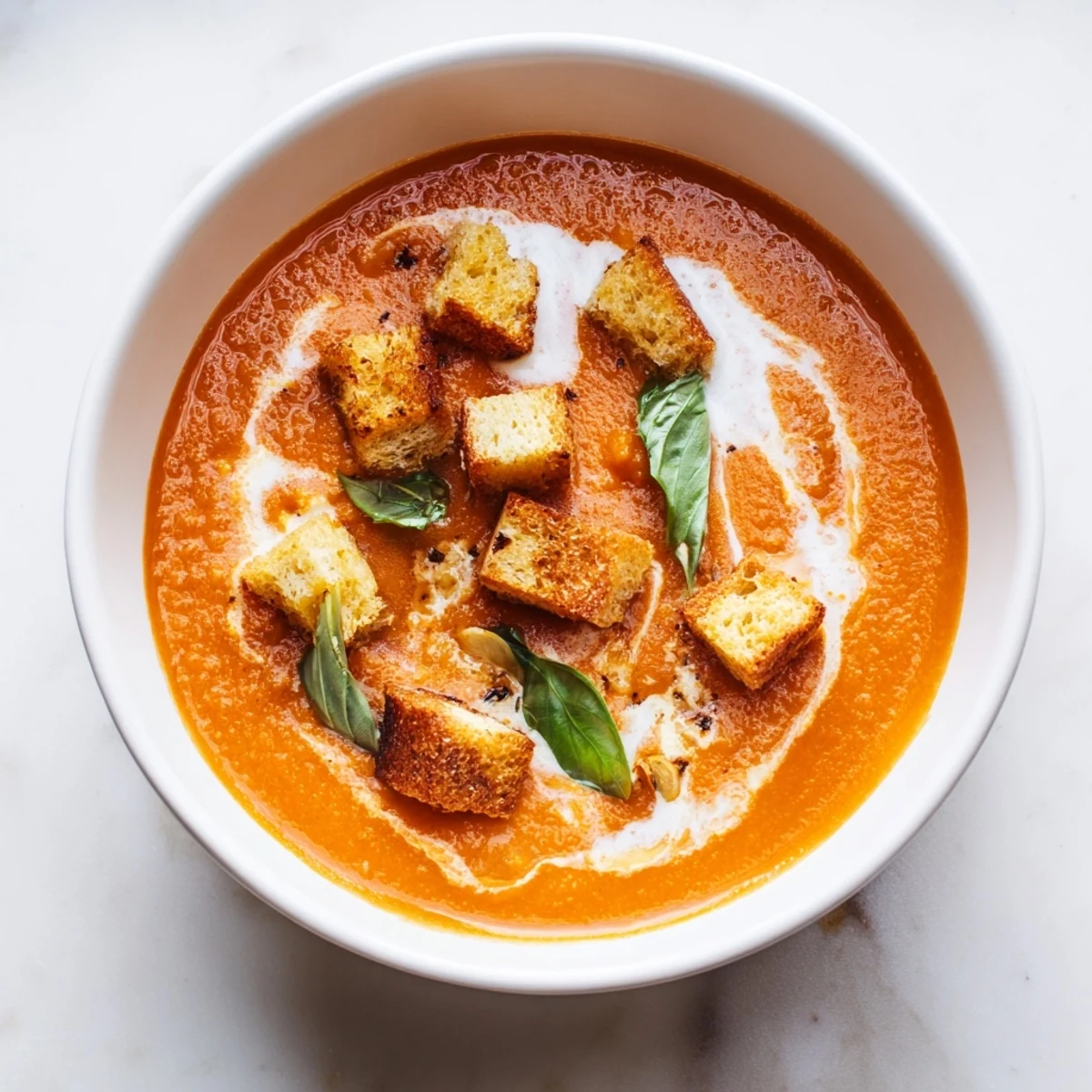 Creamy roasted garlic and tomato basil soup in a white bowl, topped with golden croutons and fresh basil leaves.