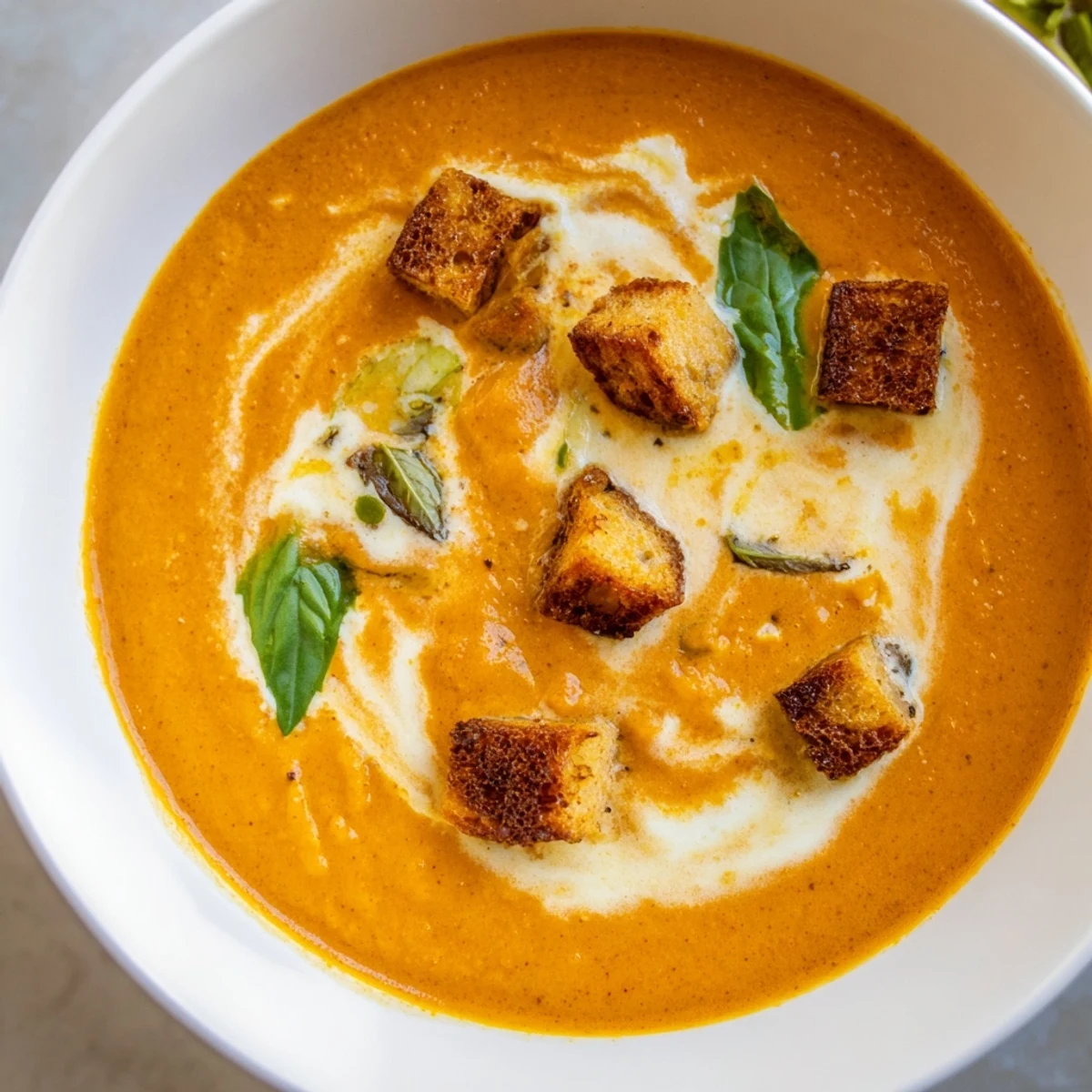 Homemade roasted garlic and tomato basil soup with crunchy herb croutons, served steaming hot for cozy comfort.