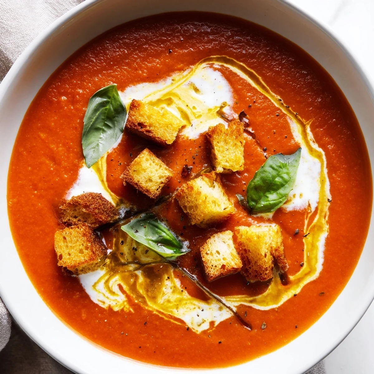 Bowl of velvety roasted garlic and tomato basil soup garnished with fresh basil and crispy bread cubes.