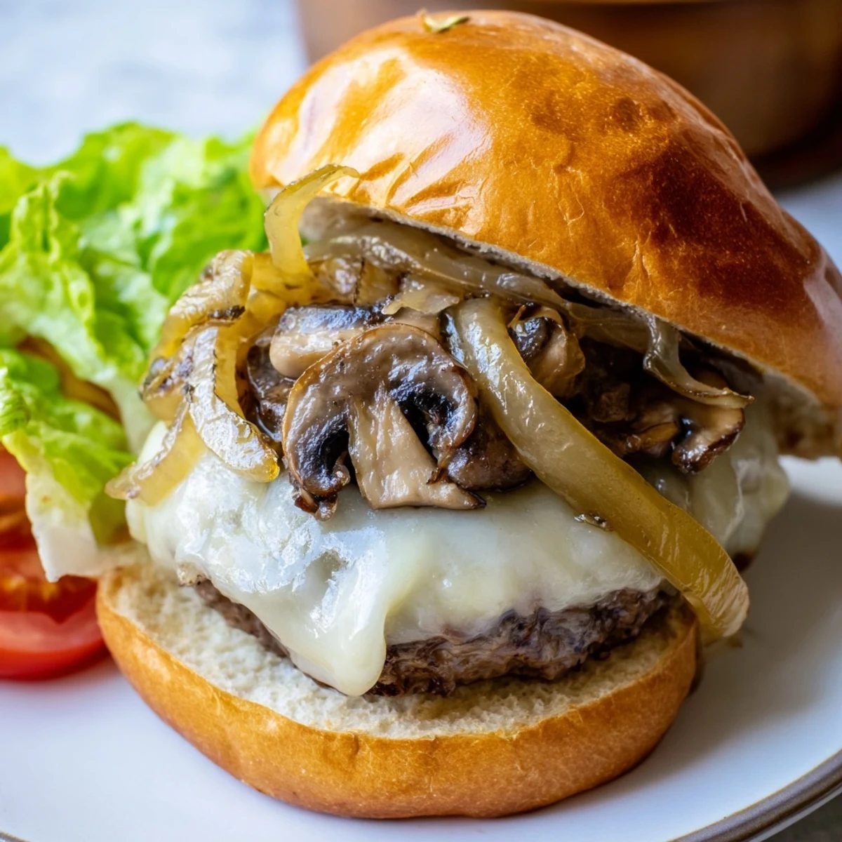 A juicy Mushroom and Swiss Burger topped with sweet caramelized onions and Swiss cheese.