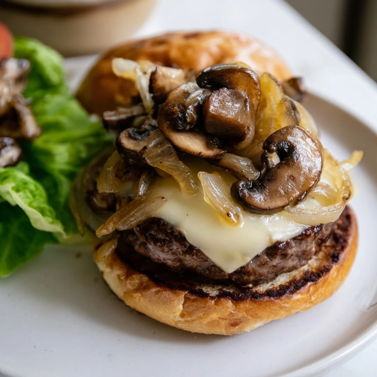 A gourmet Mushroom and Swiss Burger with caramelized onions on a toasted brioche bun.