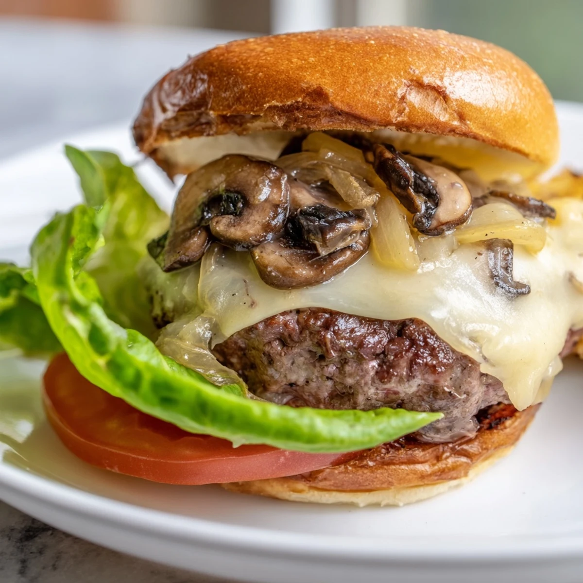 Close-up of a Mushroom and Swiss Burger, melted cheese and sautéed mushrooms on a toasted bun.