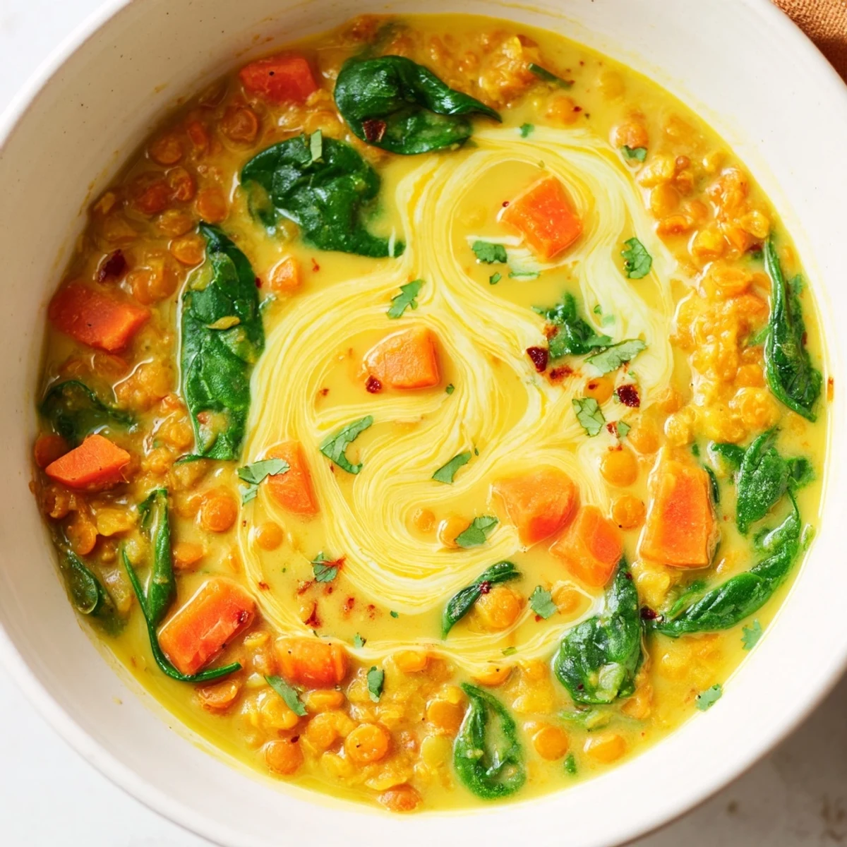 Creamy pot of Coconut Curry Lentil Soup with Baby Spinach, with colorful carrots and fresh cilantro on top.
