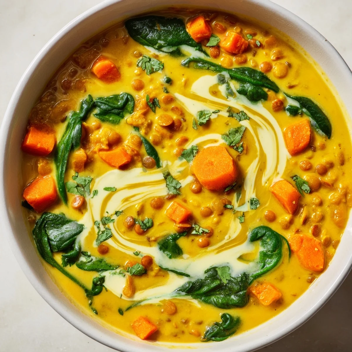 A ladle serving of Coconut Curry Lentil Soup with Baby Spinach, perfect for a cozy vegan dinner.