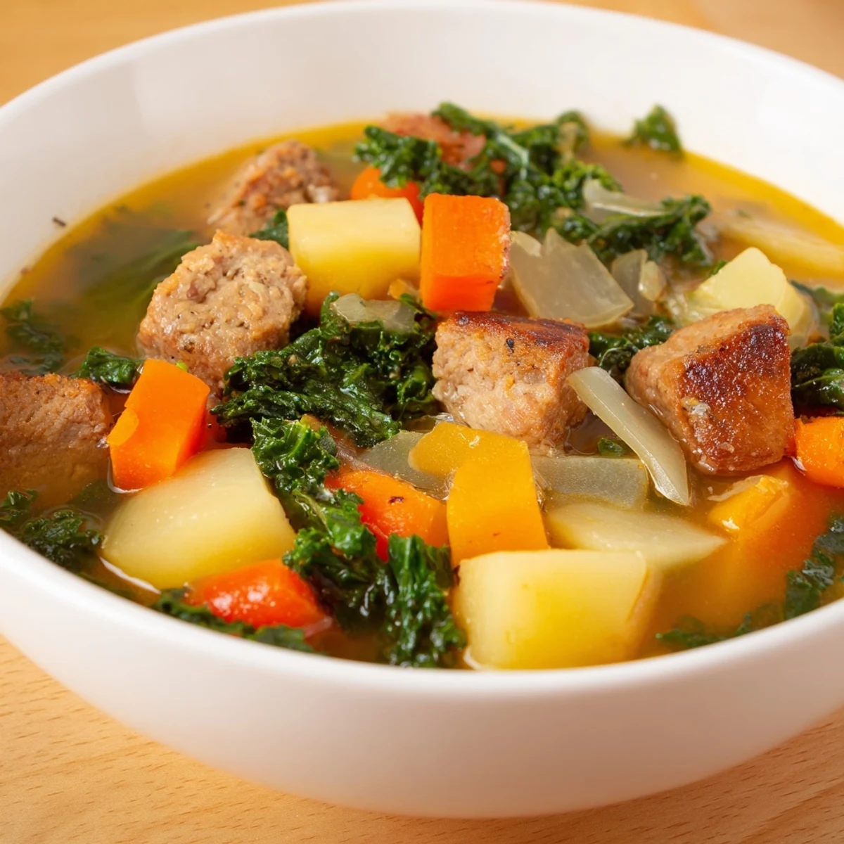 Steaming bowl of Turkey Sausage and Kale Soup with Potatoes, featuring chunky veggies in a savory broth.