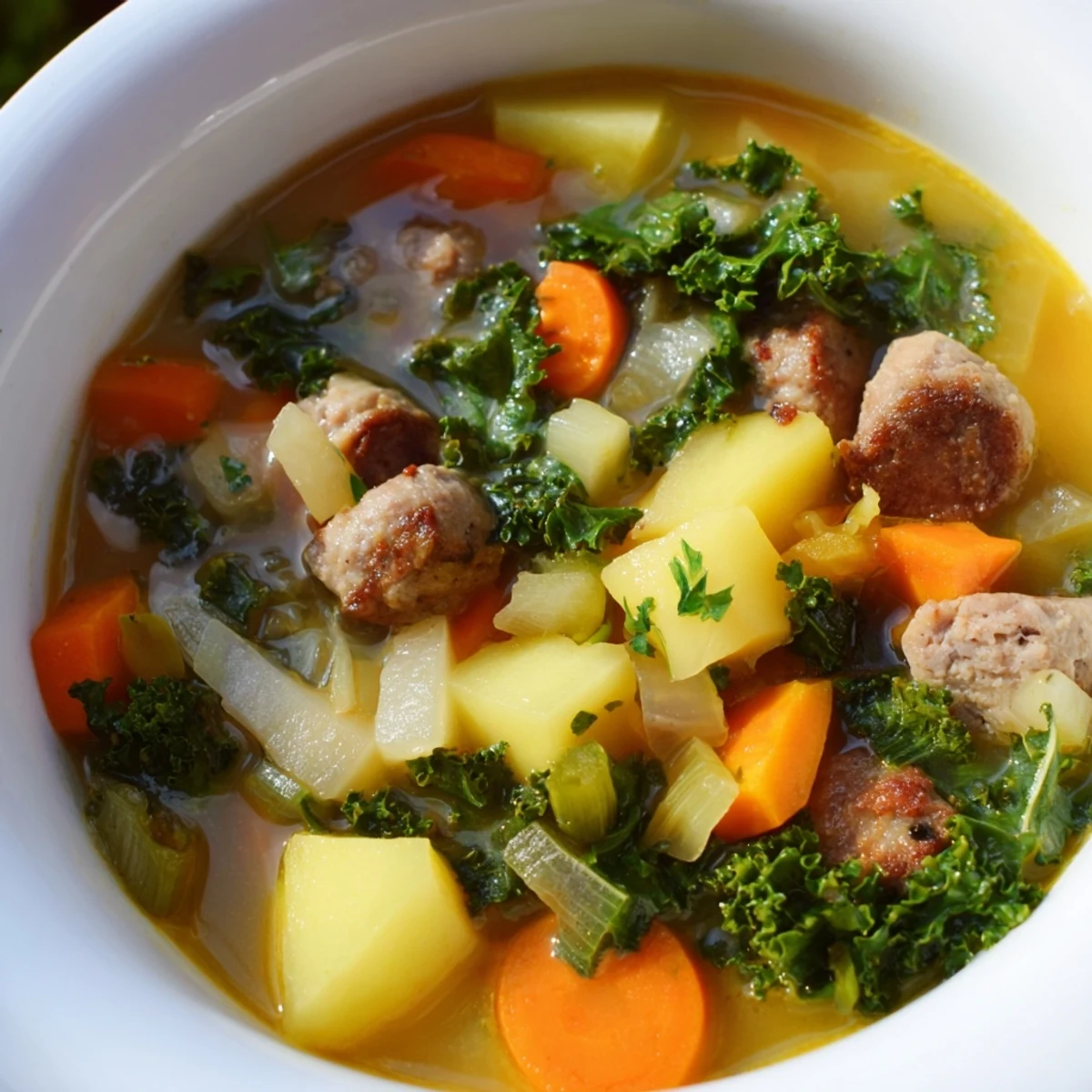 Freshly ladled Turkey Sausage and Kale Soup with Potatoes is garnished with herbs, served alongside crusty bread slices.