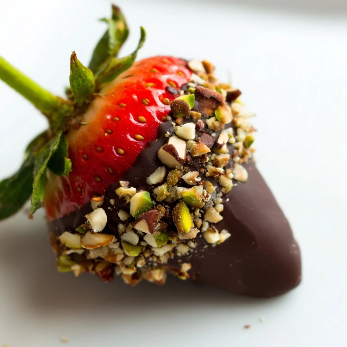 Freshly washed strawberries dipped in rich dark chocolate, rolled in crunchy chopped nuts for a decadent dessert.
