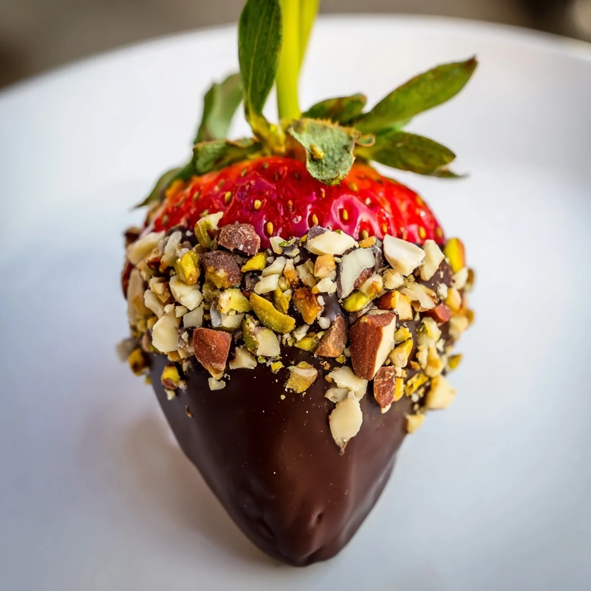 Elegant chocolate dipped strawberries with chopped nuts, ready to serve on a decorative platter with champagne.