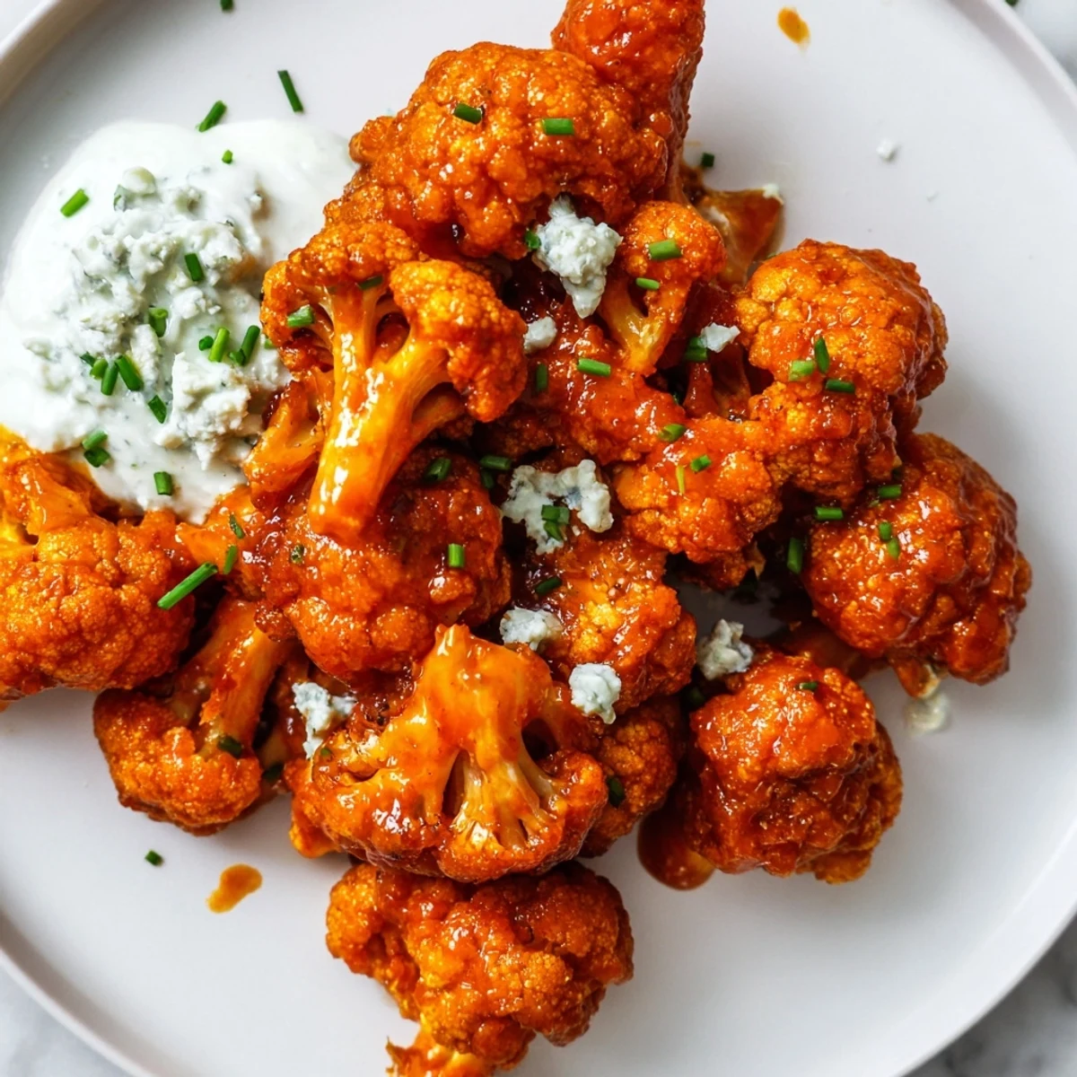 Golden-brown, crispy Spicy Buffalo Cauliflower Bites with Blue Cheese dip on a platter, garnished with fresh chives.
