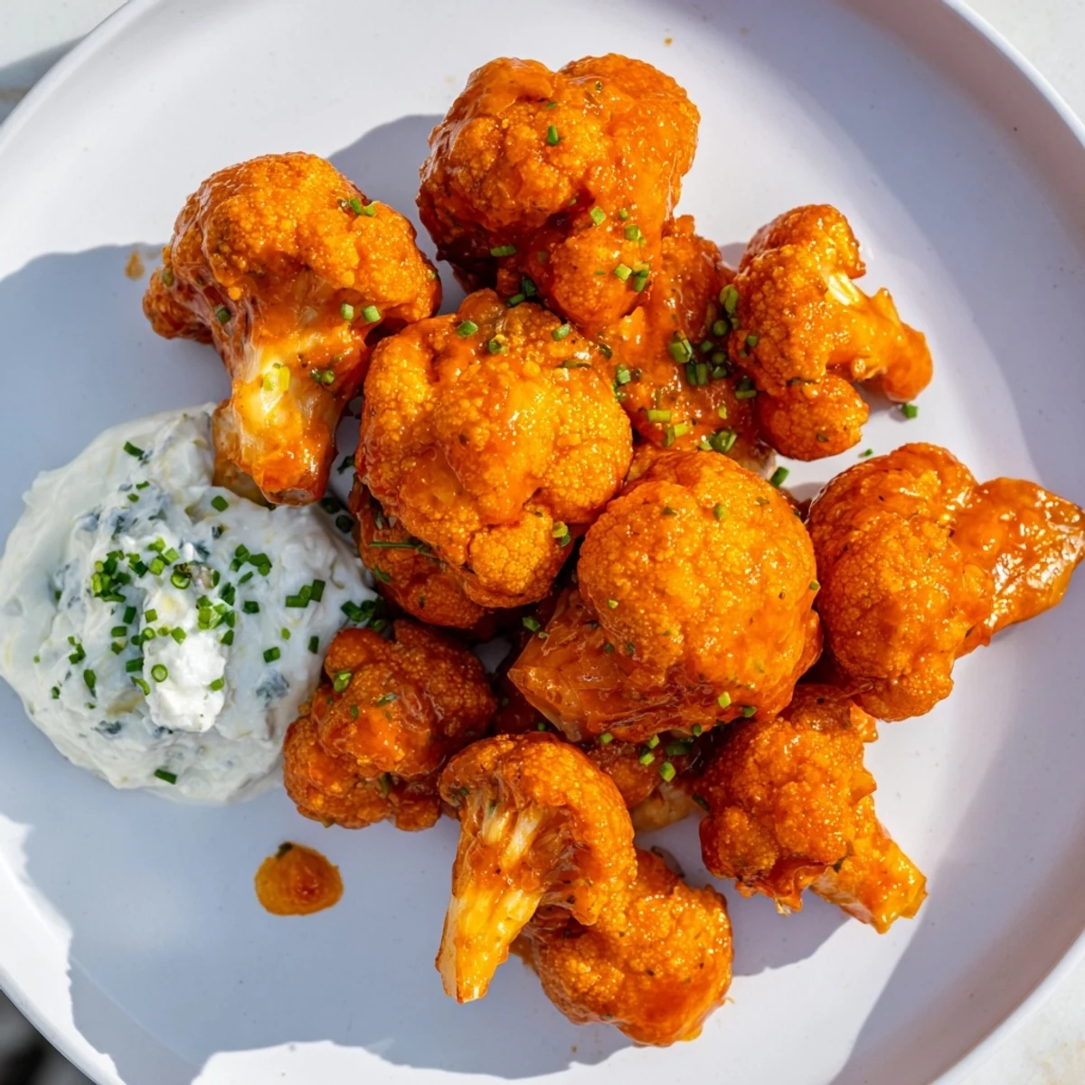 Tender roasted Spicy Buffalo Cauliflower Bites served with celery sticks and a tangy blue cheese dip.