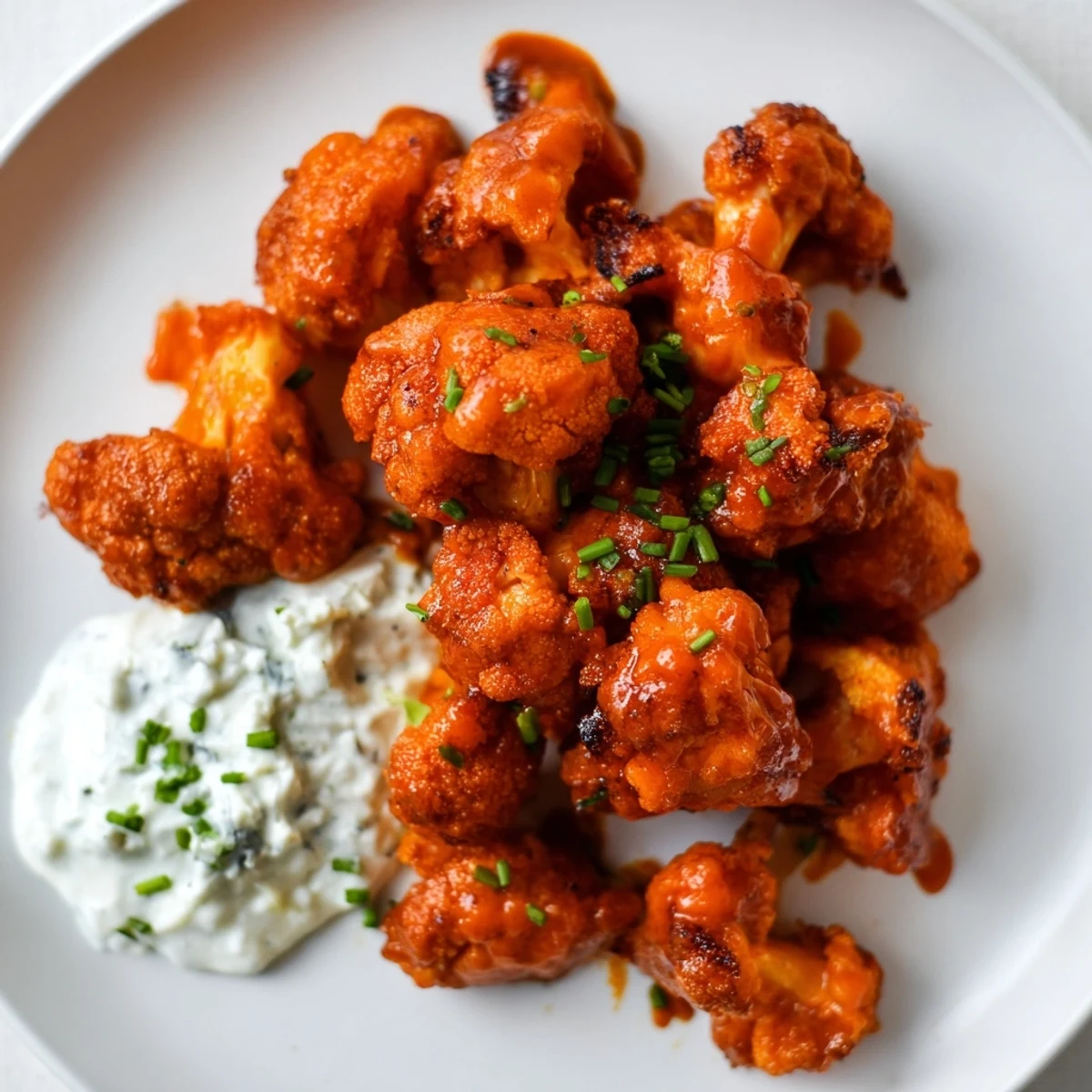 Hot and crispy Spicy Buffalo Cauliflower Bites are ready to dip into creamy blue cheese sauce.
