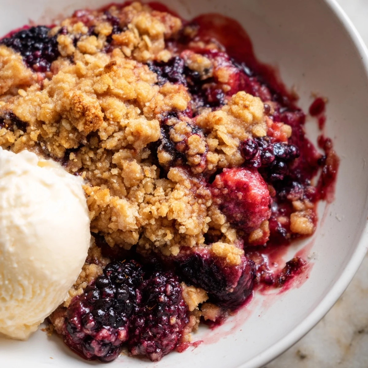 Festive Winter Berry Crumble bubbling from a 2-quart baking dish. 