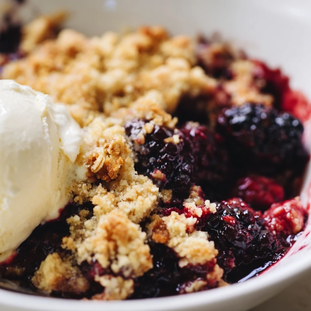 Homemade Winter Berry Crumble topped with golden oat crumble and cinnamon. 