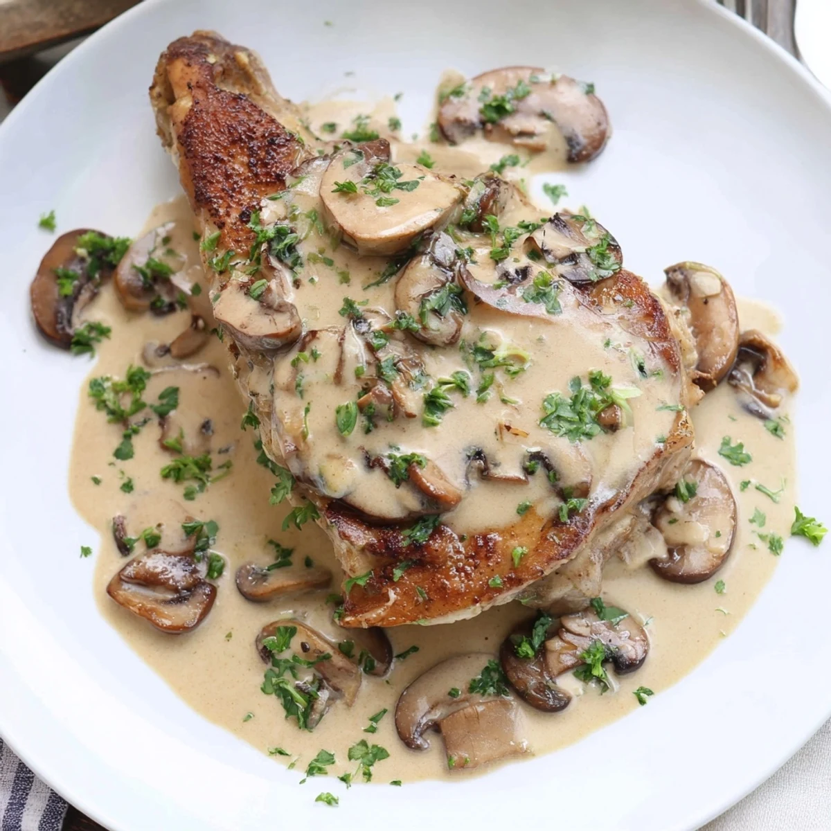Tender herb-seasoned chicken thighs and sautéed cremini mushrooms swim in a rich, creamy garlic sauce.
