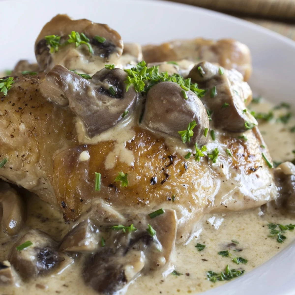 Golden-brown chicken thighs with crispy skin rest in a creamy garlic mushroom sauce, garnished with fresh parsley.