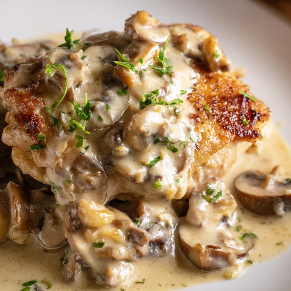 Savory Creamy Garlic Mushroom Chicken Thighs with Herbs served over mashed potatoes for a comforting dinner.