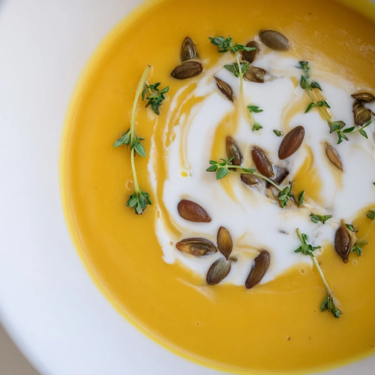 A warm bowl of Roasted Butternut Squash and Apple Soup garnished with pumpkin seeds and thyme. A smooth, creamy, autumn soup for cozy dinners.