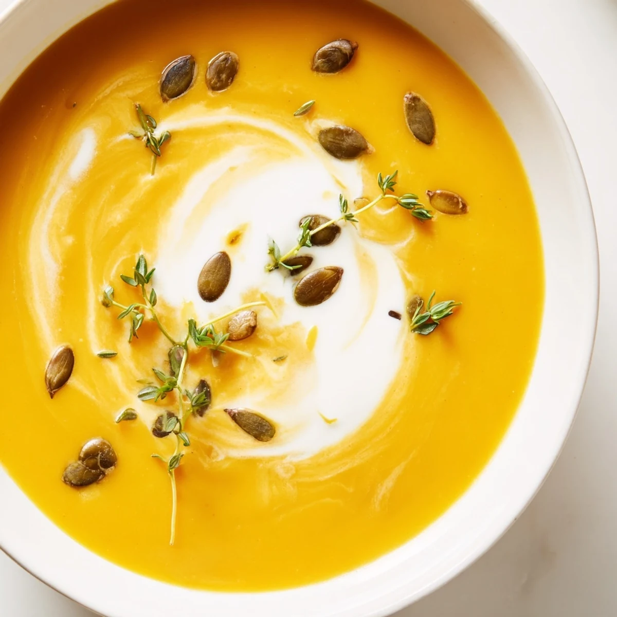 This top-down photo showcases Roasted Butternut Squash and Apple Soup with a swirl of cream. Perfect for easy weeknight comfort food.