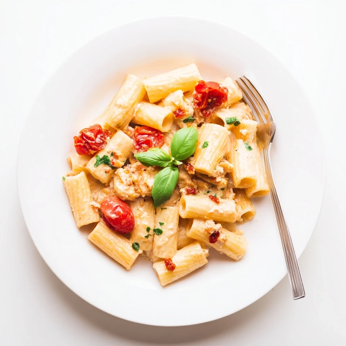 Freshly baked cherry tomatoes and a golden feta block bubble together for this Baked Feta Pasta recipe in a ceramic dish.