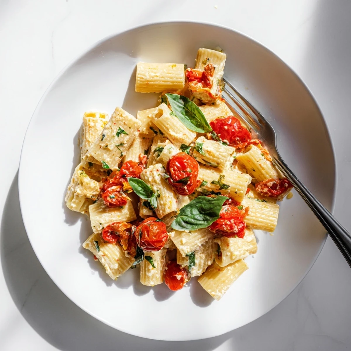 Creamy sauce coats fusilli pasta in this Baked Feta Pasta recipe, garnished with fresh basil and served warm in a skillet.