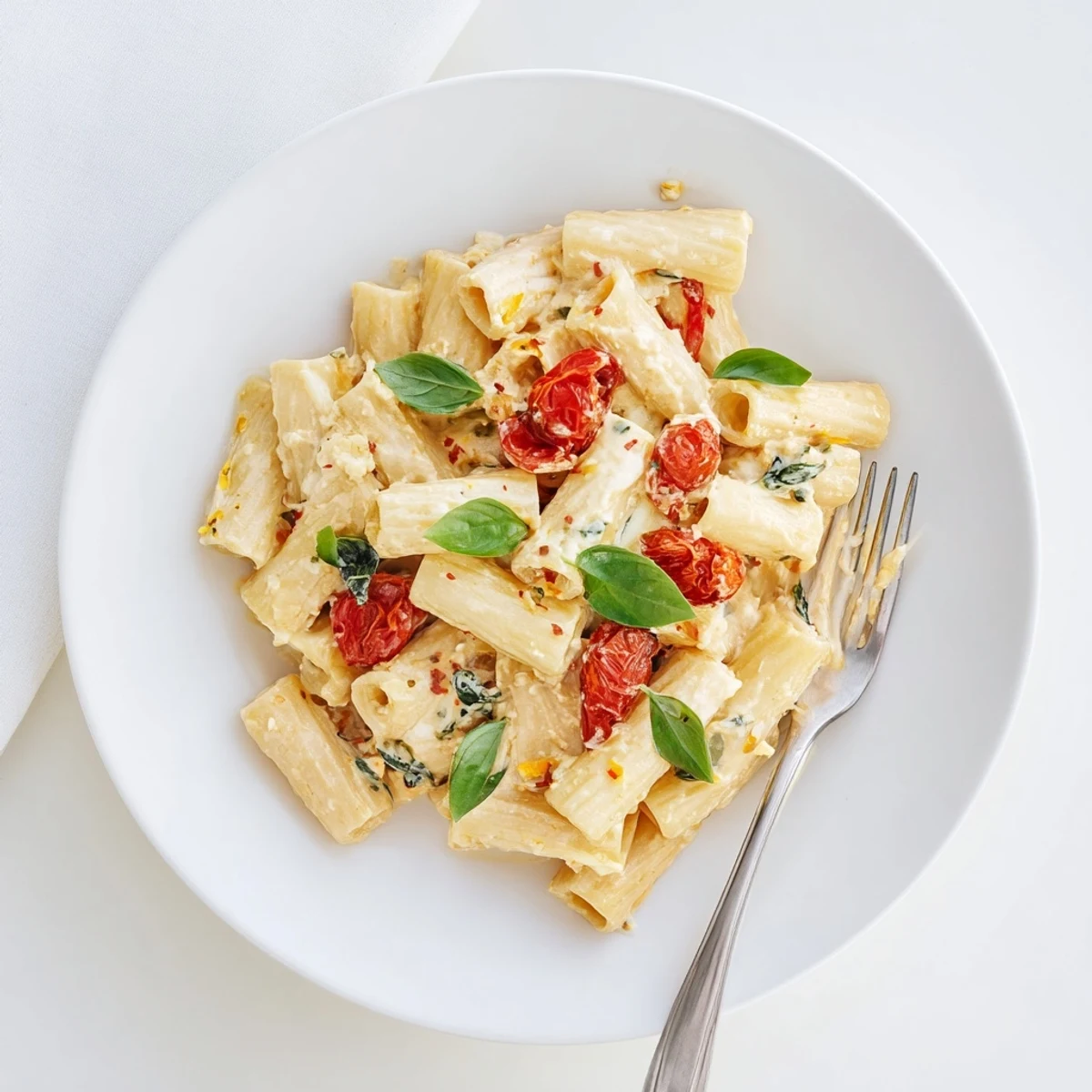 Roasted feta and burst tomatoes create a vibrant, savory sauce for this Baked Feta Pasta recipe, paired with a glass of white wine.