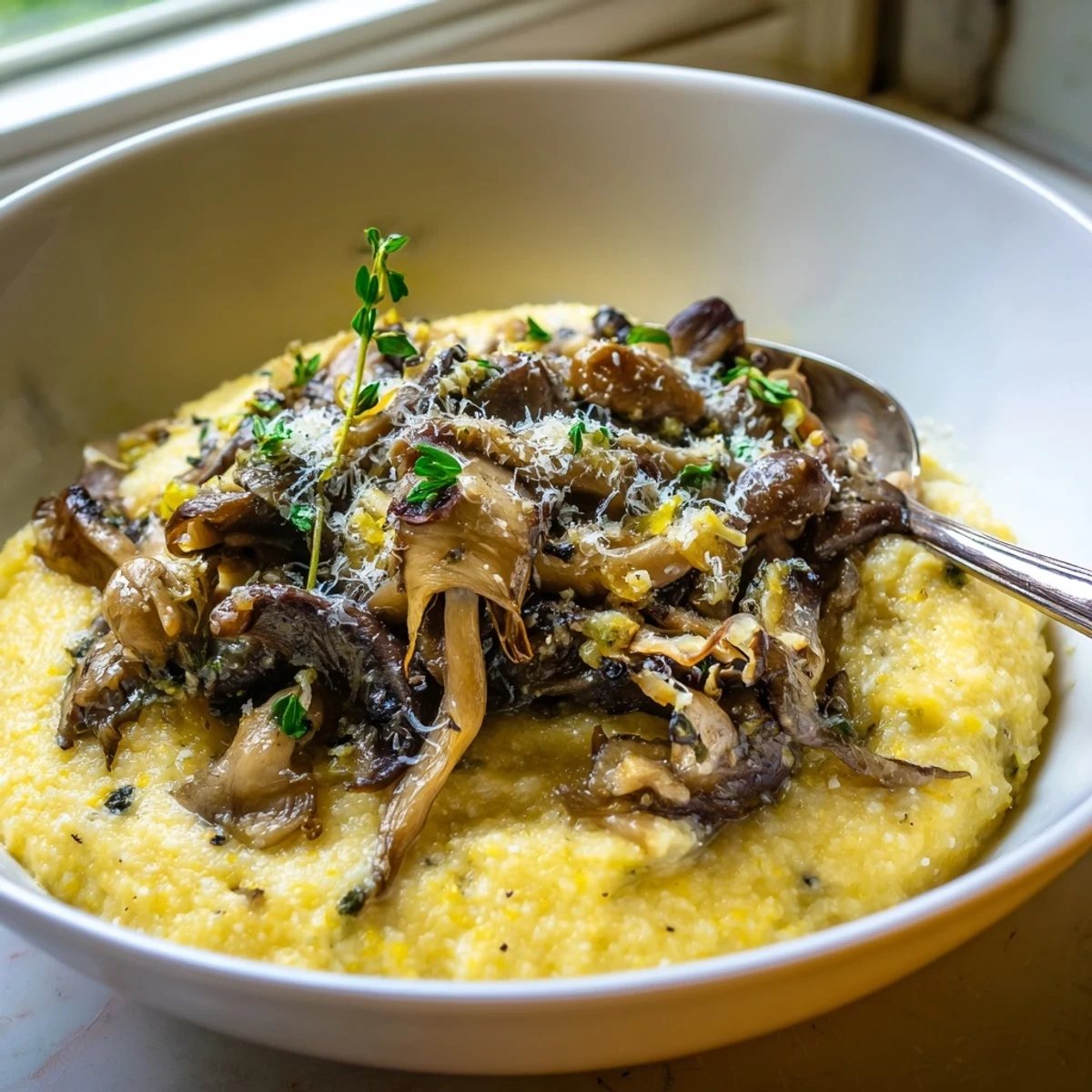 Creamy Polenta with Braised Mushrooms served in a rustic bowl, topped with sautéed mushrooms and fresh parsley.