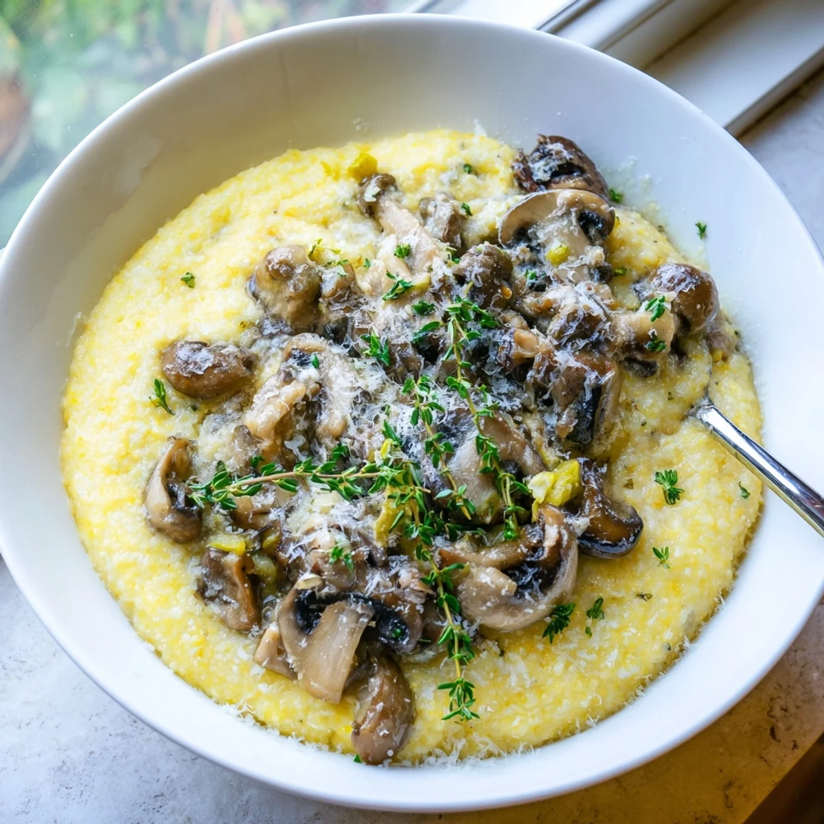 Velvety Creamy Polenta with Braised Mushrooms ready to serve, with a drizzle of olive oil and a glass of white wine.